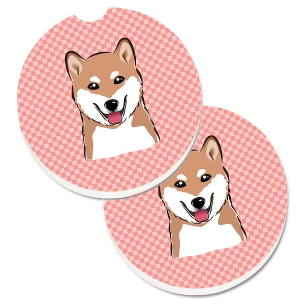 Carolines Treasures Checkerboard Pink Shiba Inu Set of 2 Cup Holder Car Coaster BB1225CARC - main